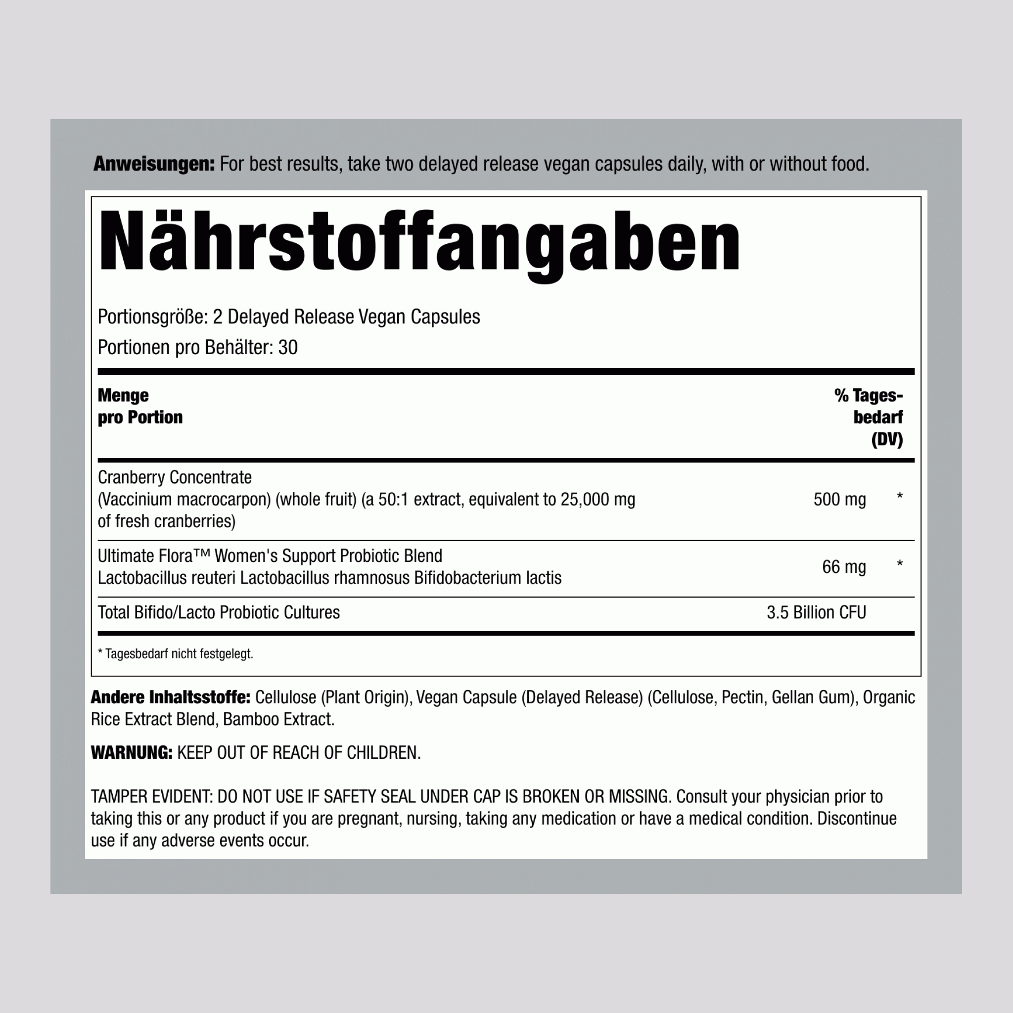 Ultimate Flora Vaginal & Urinary Complete + Probiotikum & Cranberry, 60 verzögerte Freisetzung pflanzliche Kapseln