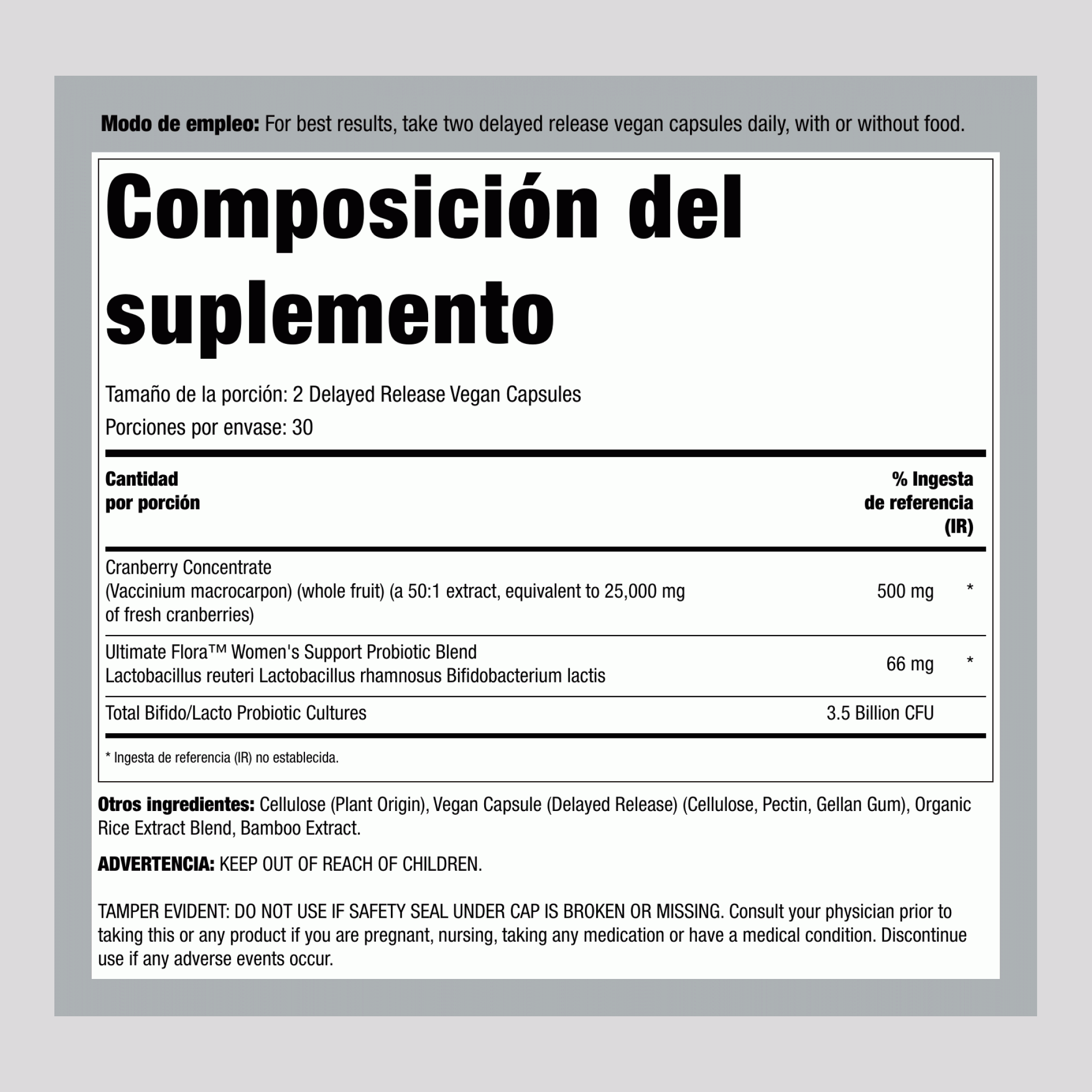 Ultimate Flora Vaginal y Urinario Completo + Probiótico y Arándano, 60 Cápsulas Veganas de Liberación Retardada