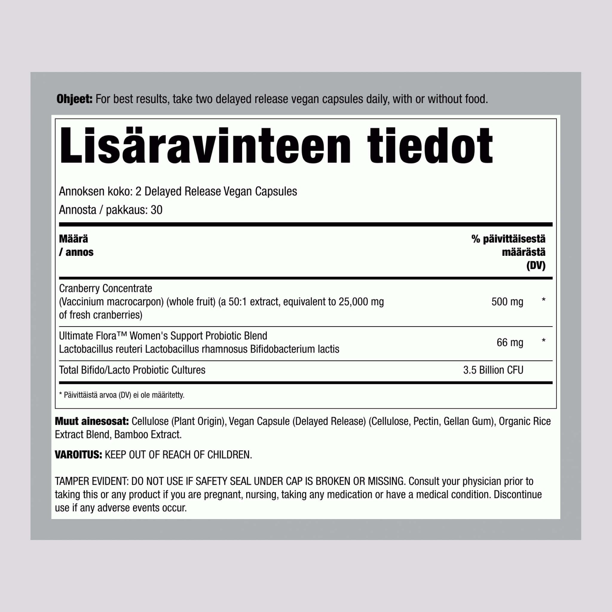 Ultimate Flora Emättimen ja Virtsateiden Täydellinen + Probiootti ja Karpalo, 60 Viivästettyä Vapautusta Vegaanikapseleina
