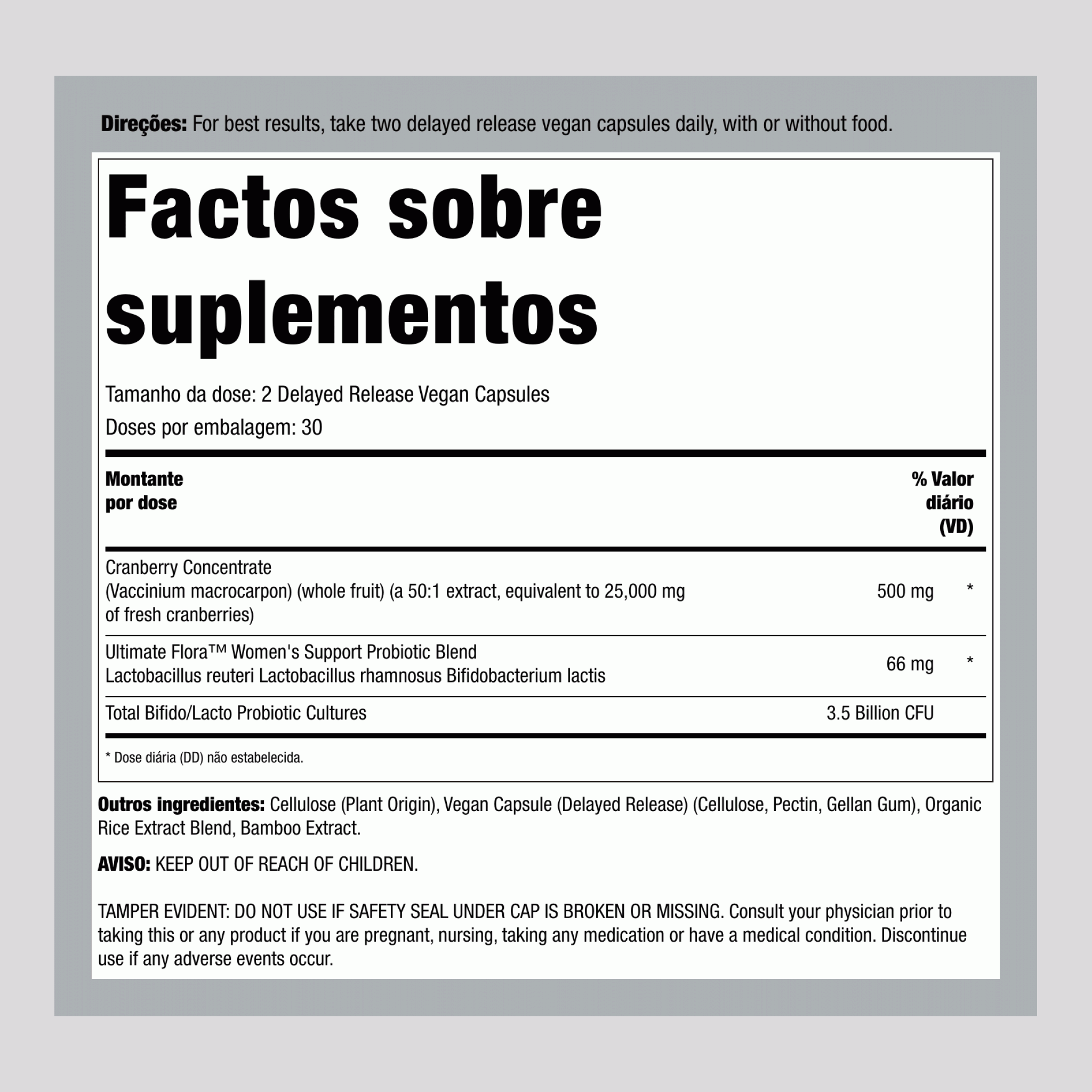 Flora Ultimate Vaginal & Urinary Complete + Probiótico & Cranberry, 60 Cápsulas Veganas de Liberação Retardada