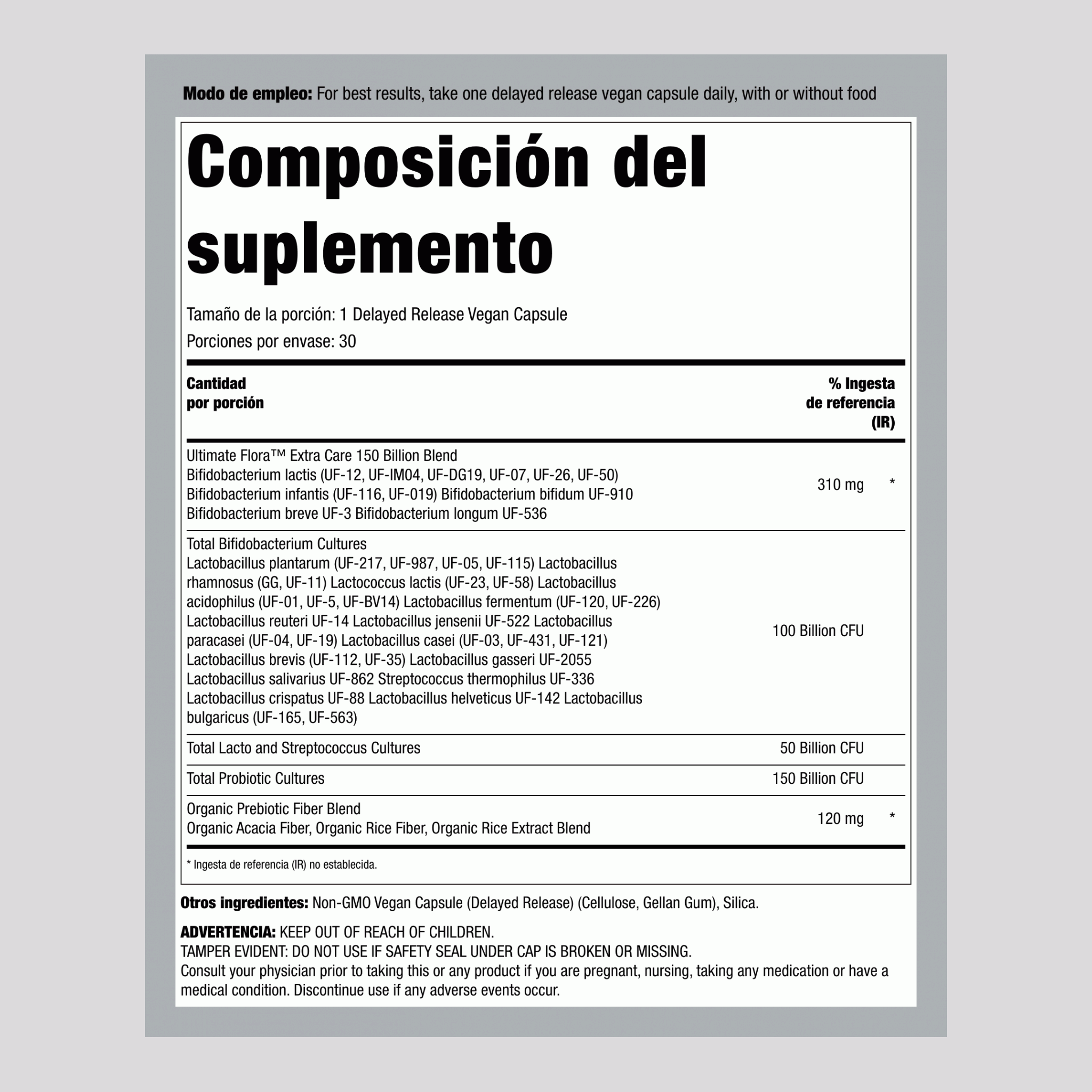 Flora Ultimate Extra Cuidados Probióticos 150 Billones, 30 Cápsulas Veganas de Liberación Retardada