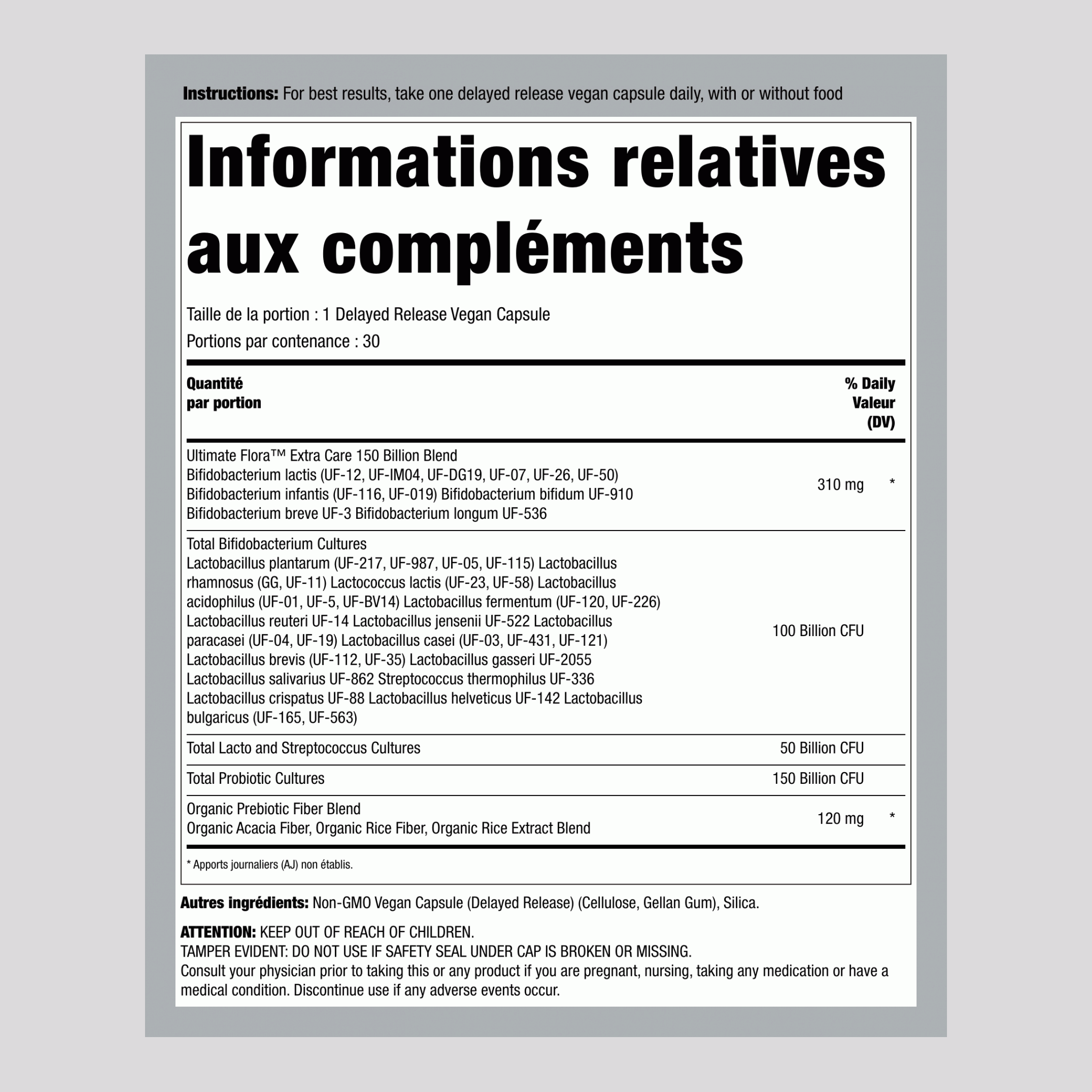 Probiotique Ultimate Flora Extra Care 150 Milliards, 30 Capsules Végétaliennes à Libération Retardée
