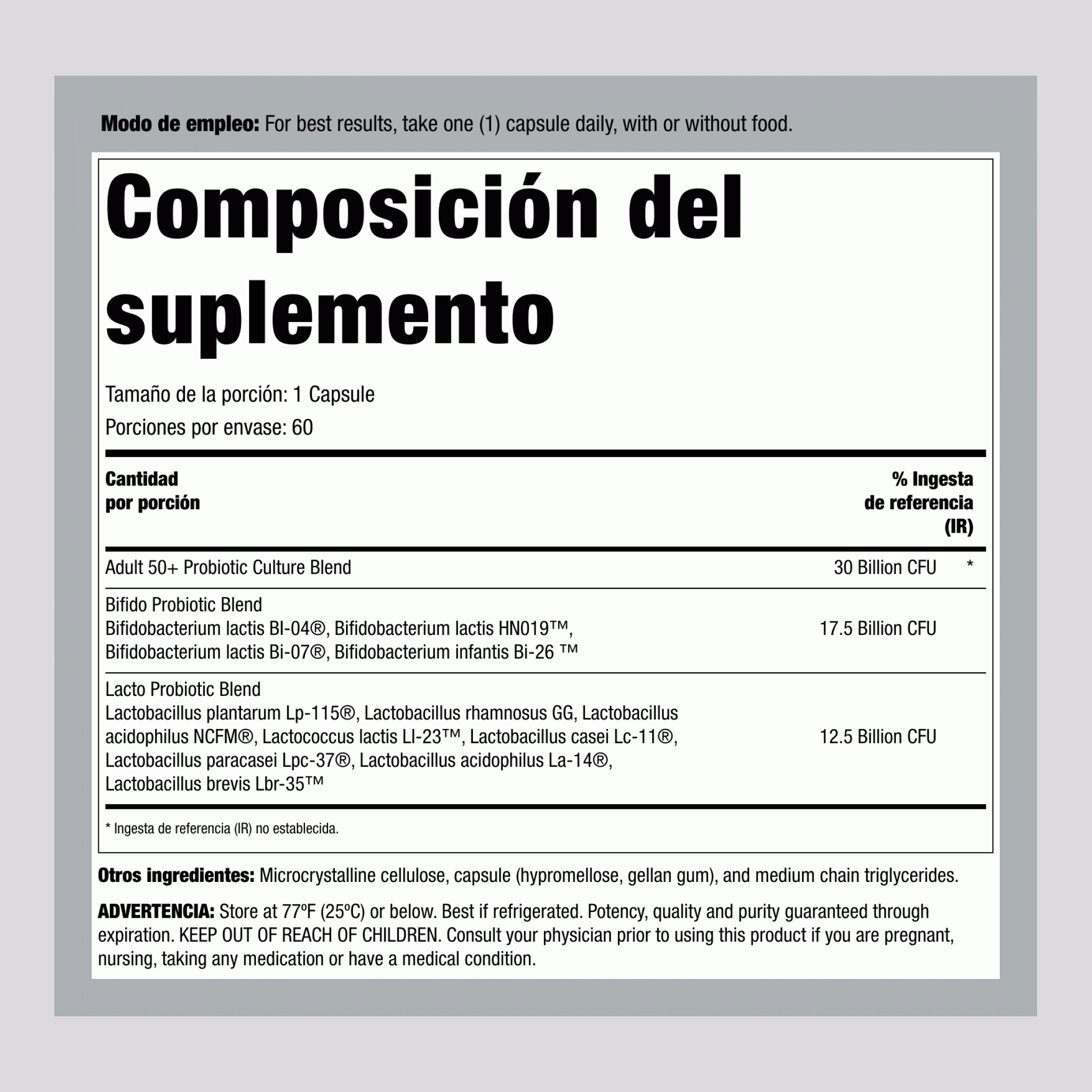 Probiótico Ultimate Flora 50+ 30 Mil Millones, 60 Cápsulas Veganas de Liberación Retardada