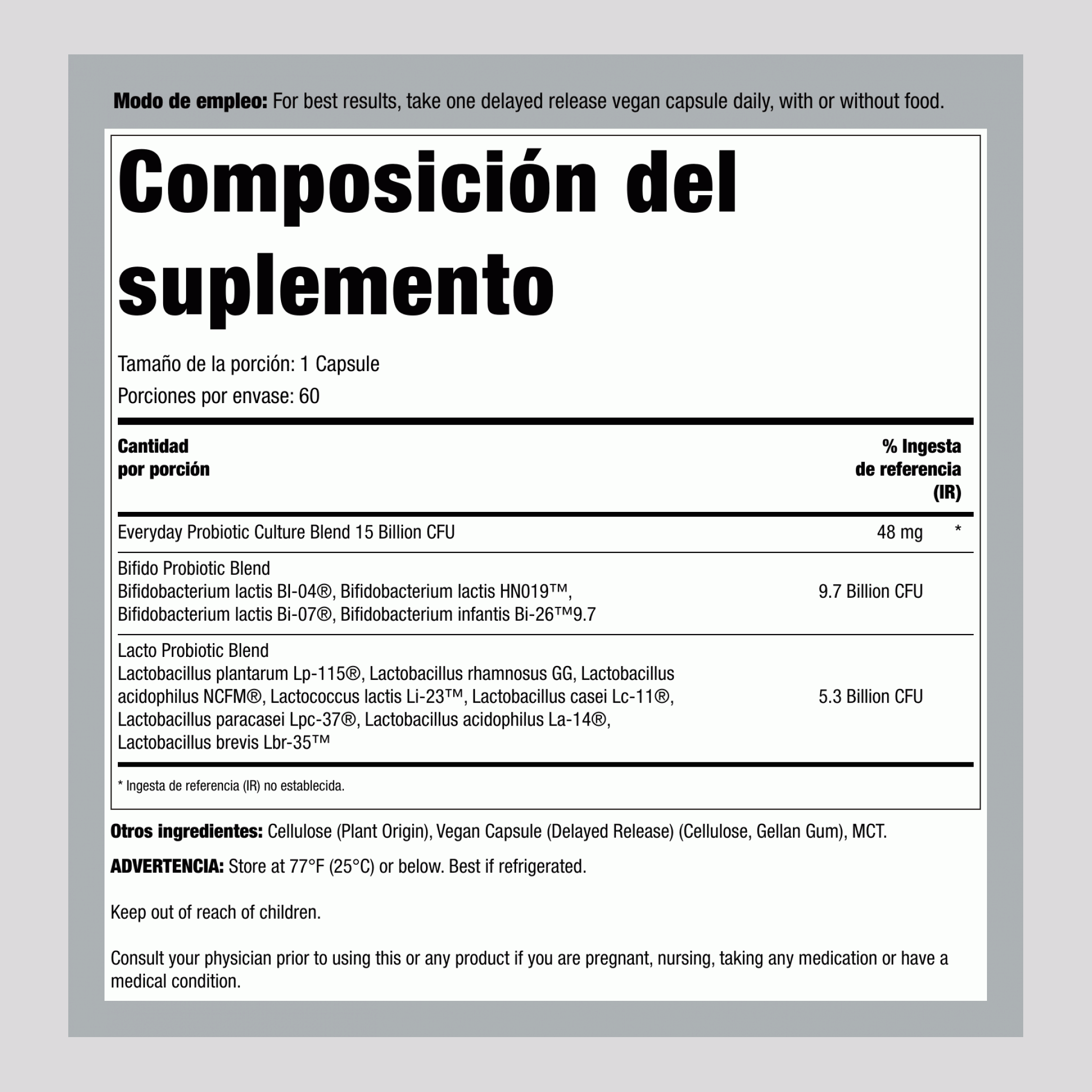 Ultimate Flora Cuidado Diario Probiótico 15 Mil Millones, 60 Cápsulas Veganas de Liberación Retardada