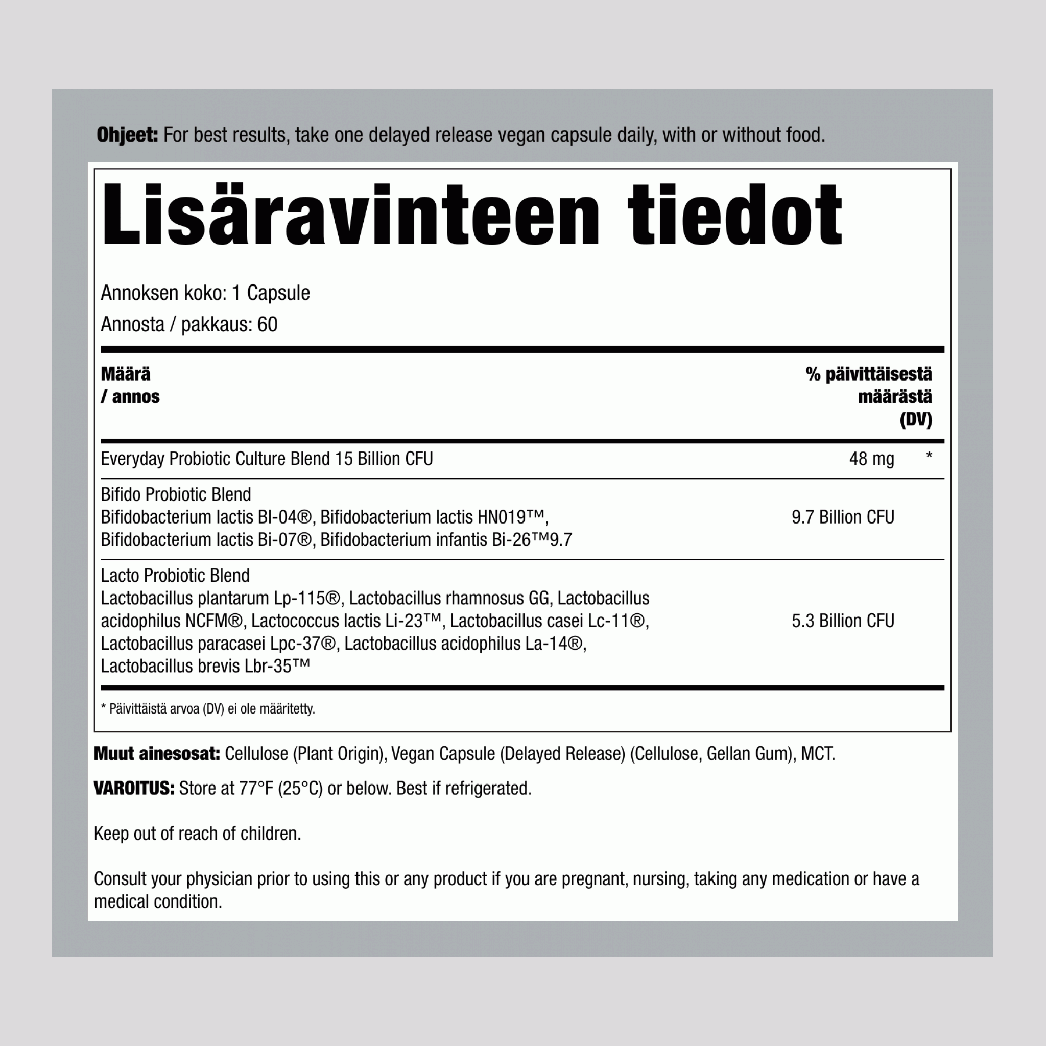 Ultimate Flora Jokapäiväinen Hoito Probiootti 15 Miljardia, 60 Viivevapauttavaa Vegaanikapselia