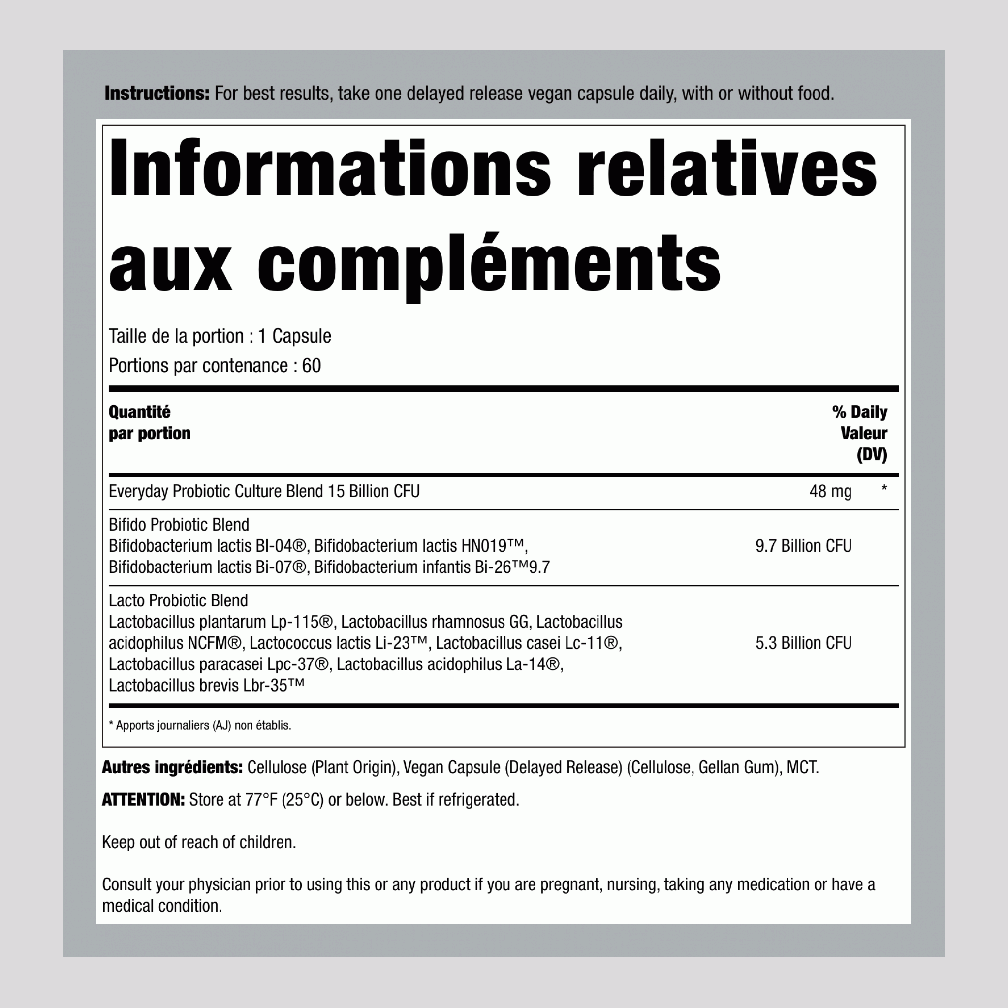 Ultimate Flora Soin Quotidien Probiotique 15 Milliards, 60 Gélules Végétaliennes à Libération Retardée