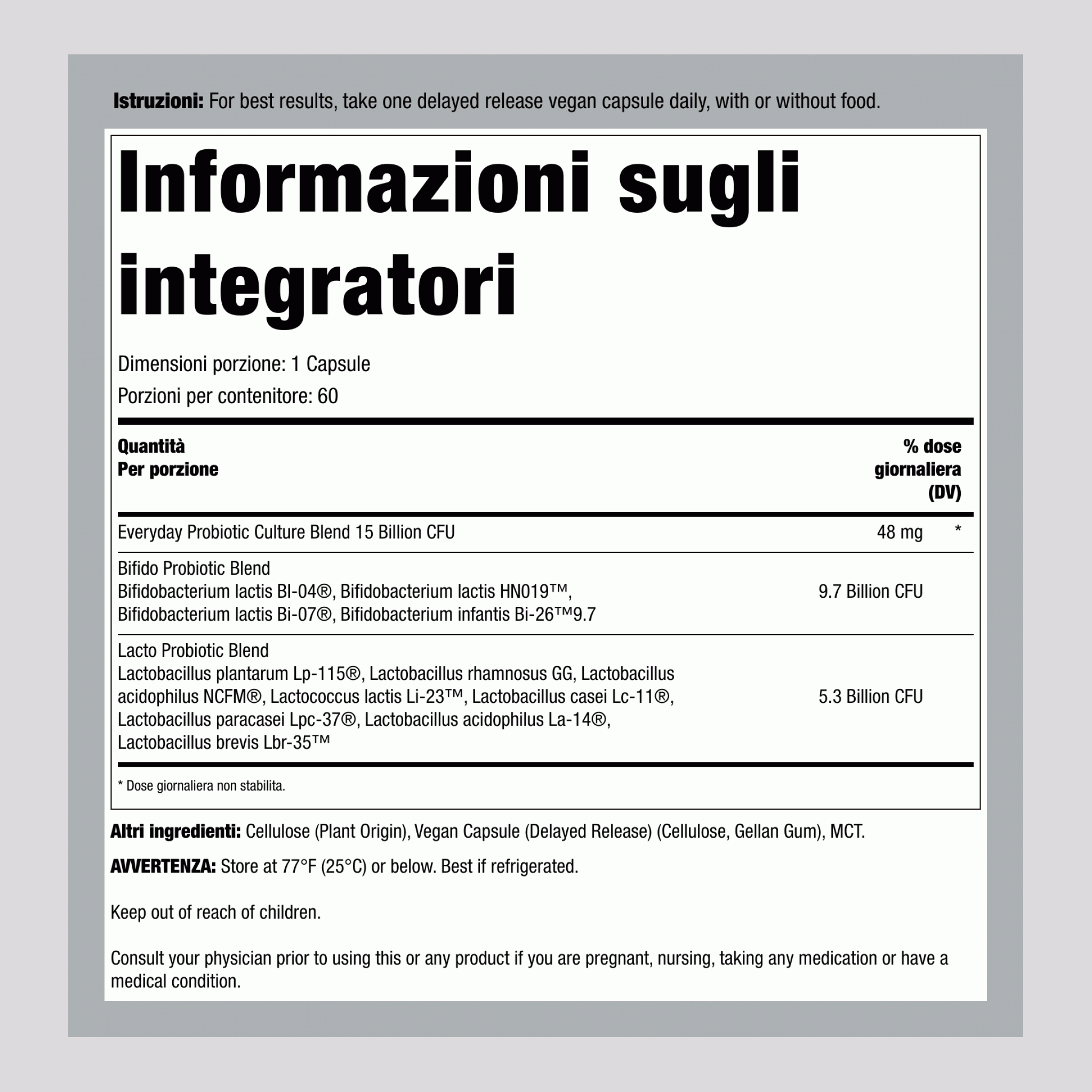 Ultimate Flora Everyday Care Probiotic 15 Miliardi, 60 Capsule Vegane a Rilascio Ritardato