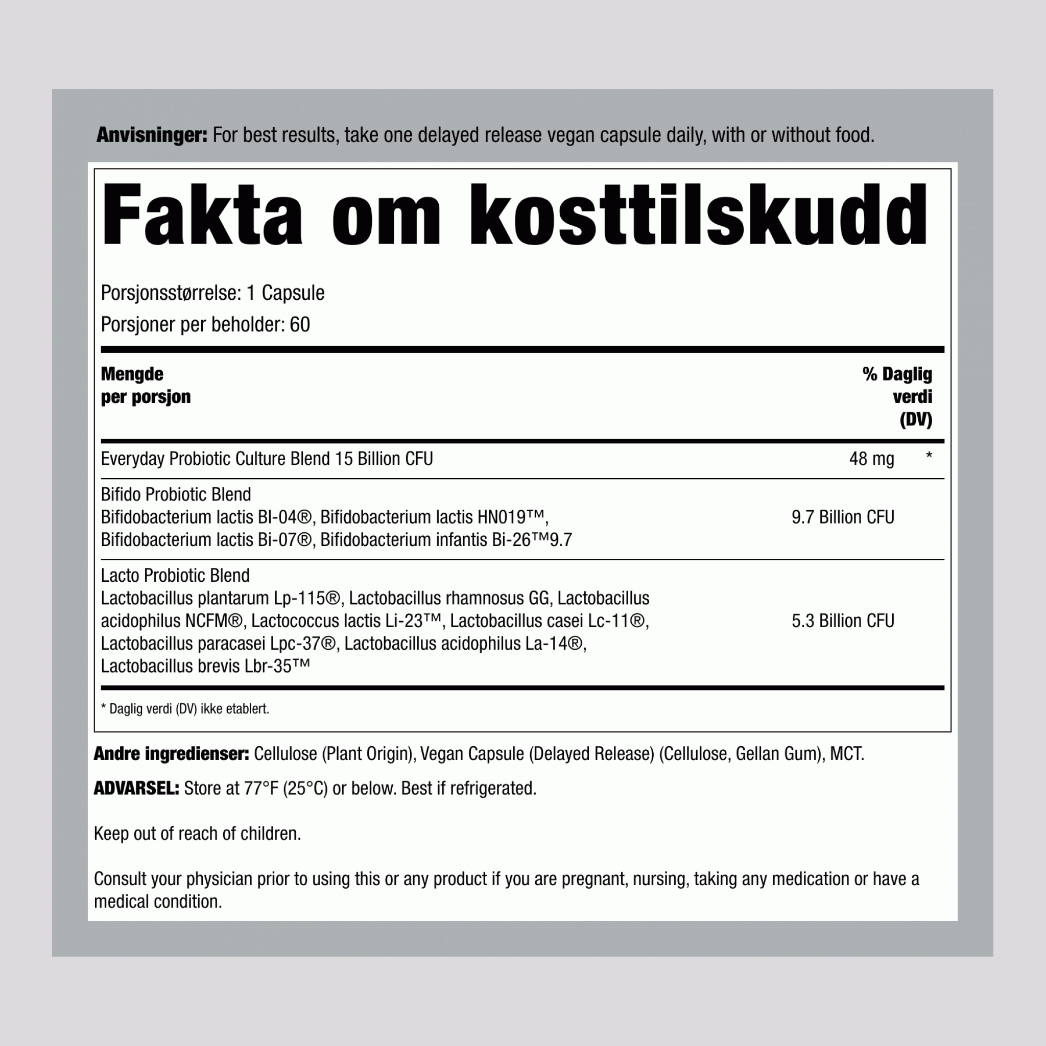 Ultimate Flora Everyday Care Probiotic 15 Billion, 60 Forskutt-frigjørende Veganske Kapsler