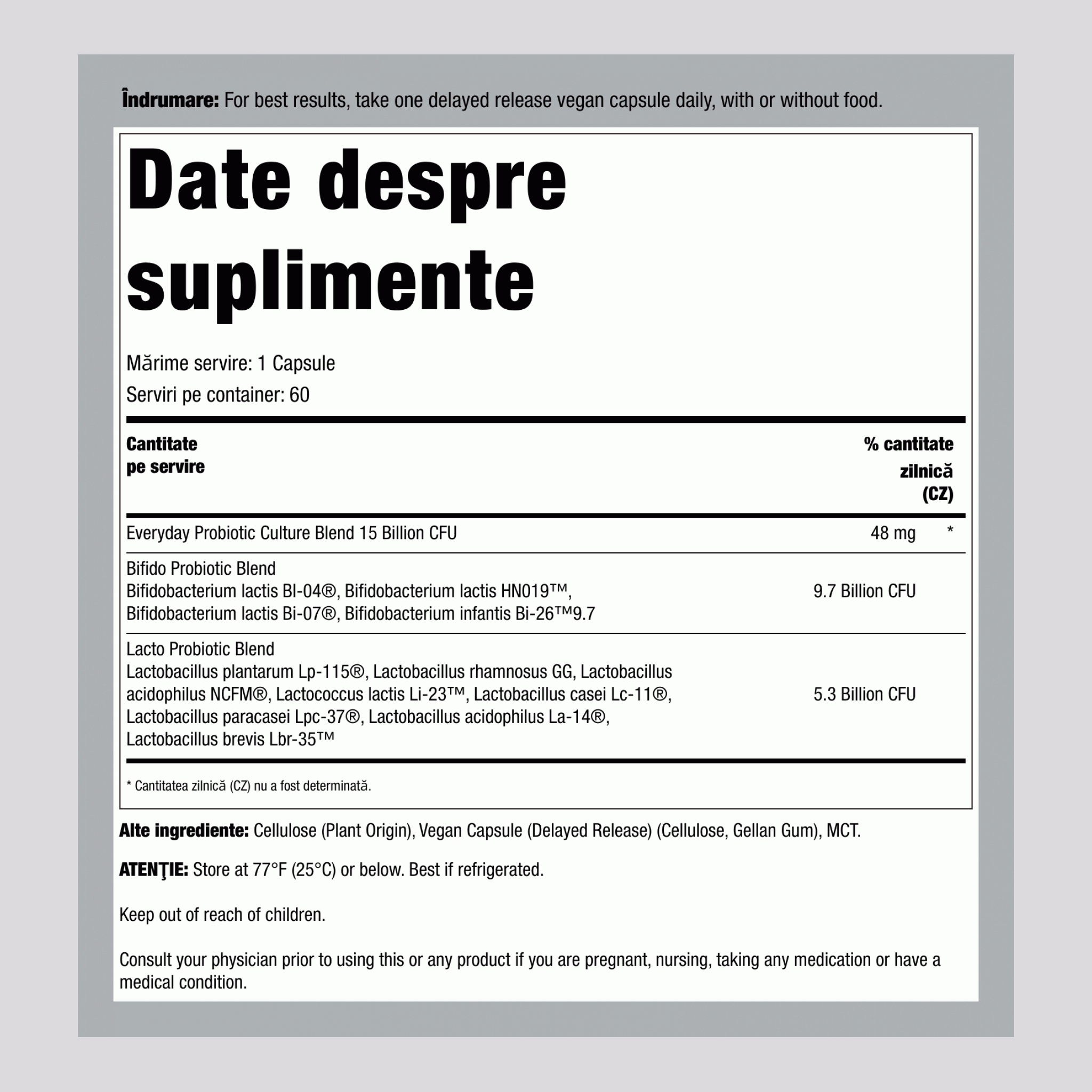 Ultimate Flora Îngrijire Zilnică Probiotic 15 Miliarde, 60 Caps Vegetariene cu Eliberare Întârziată