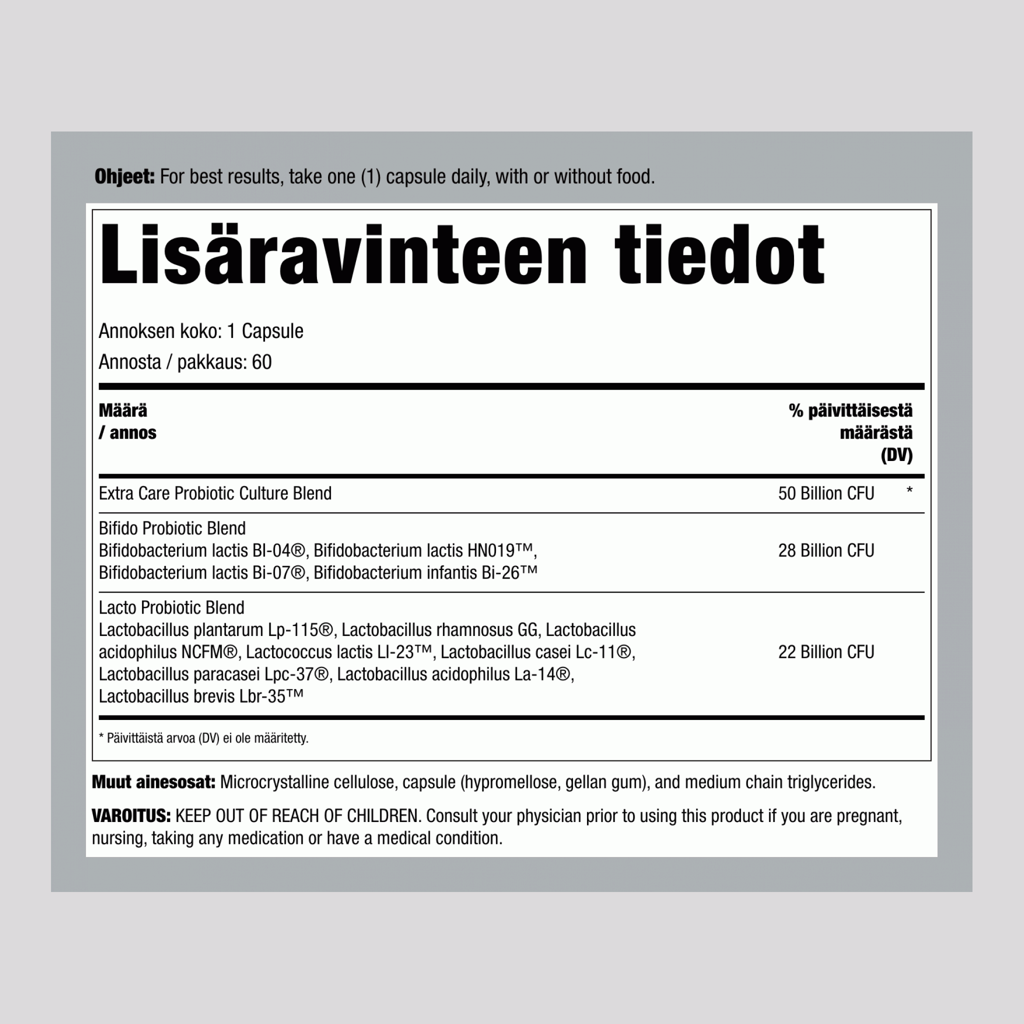 Ultimate Flora Extra Care Probiotic 50 miljardia, 60 viivästetysti vapauttavaa vegaanista kapselia