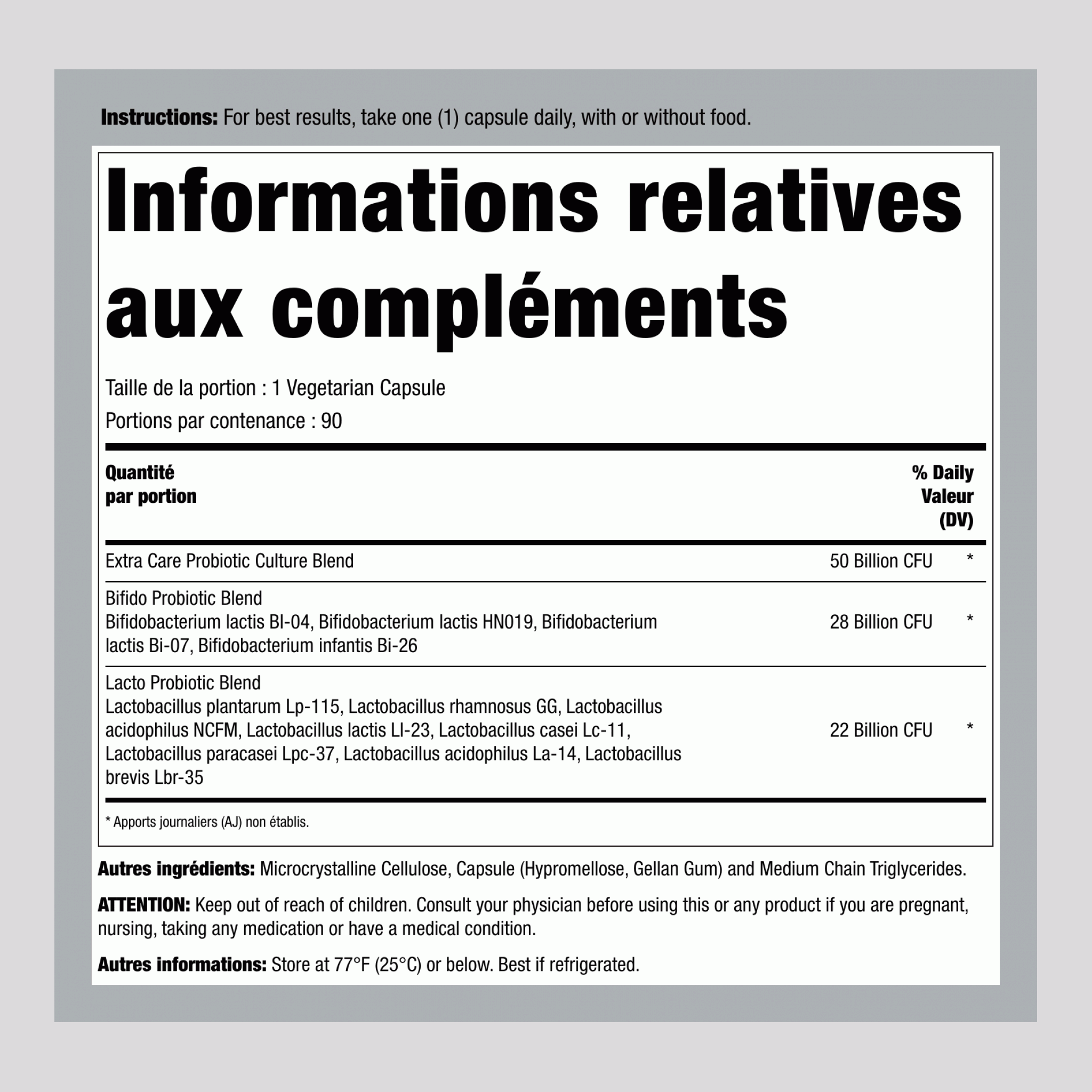 Ultimate Flora Extra Care Probiotique 50 Milliards, 90 Capsules Végétaliennes à Libération Retardée