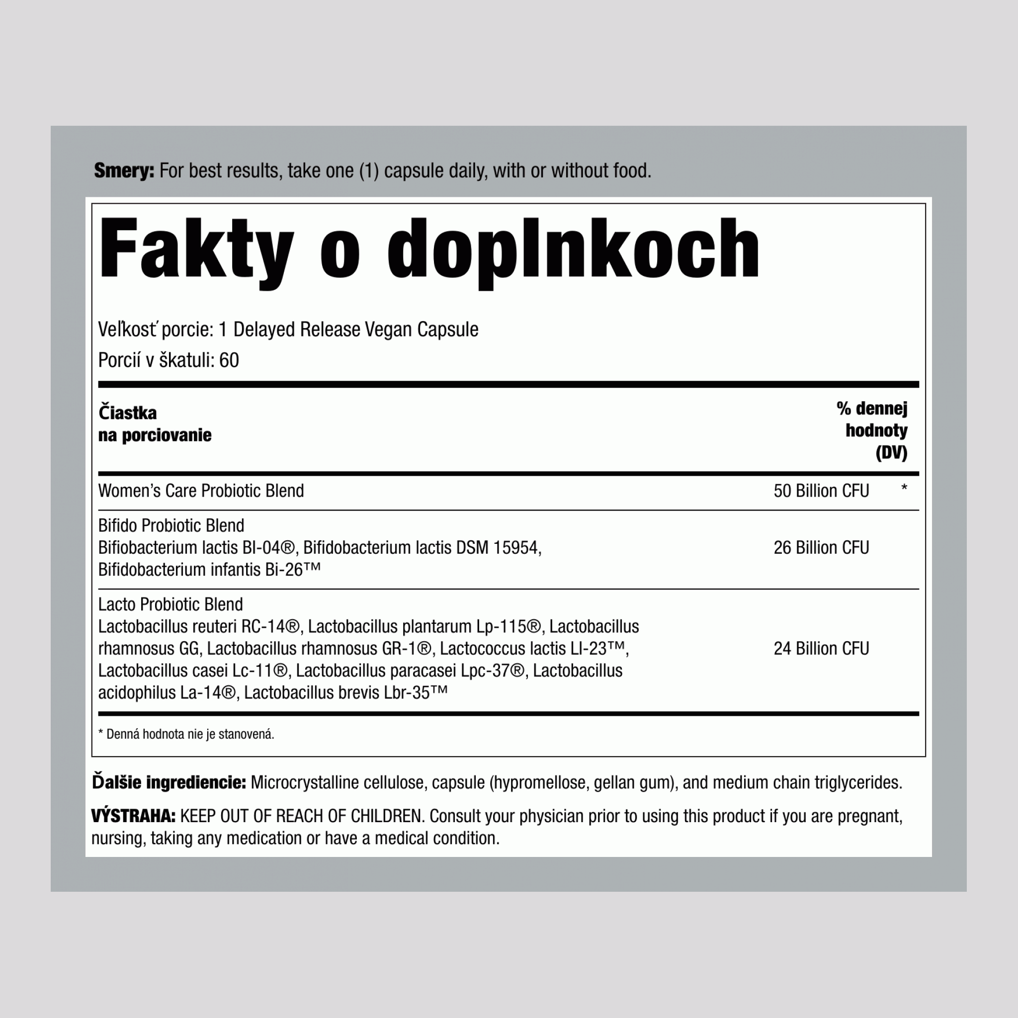 Ultimate Flora Vaginálna Starostlivosť Ženy Probiotiká 50 miliárd, 60 Kapsúl s oneskoreným uvoľňovaním, Vegánske