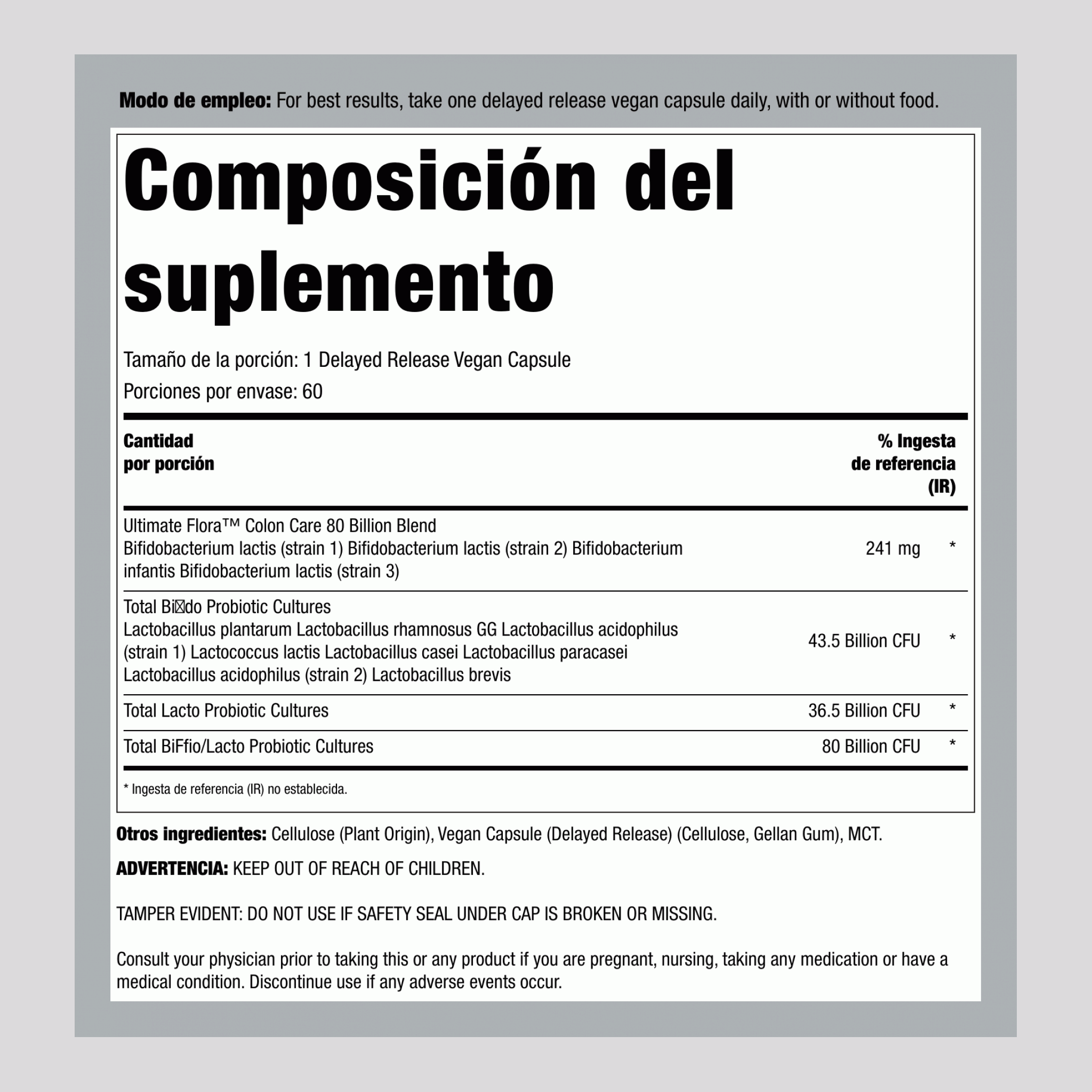 Ultimate Flora Colon Care Probiótico 80 Mil Millones, 60 Cápsulas Veganas de Liberación Retardada