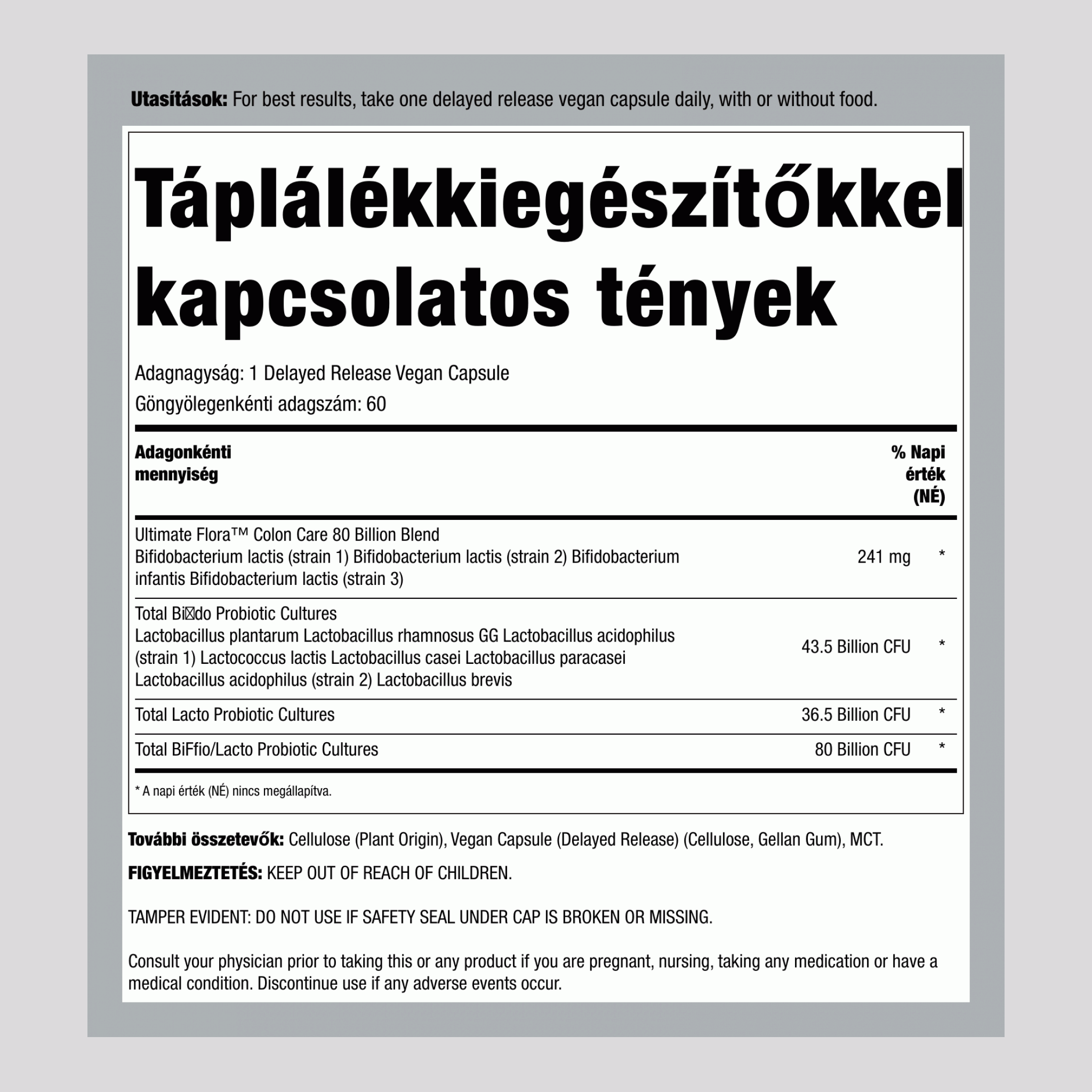 Ultimate Flora Colon Care Probiotikum 80 milliárd, 60 késleltetett felszívódású vegán kapszula