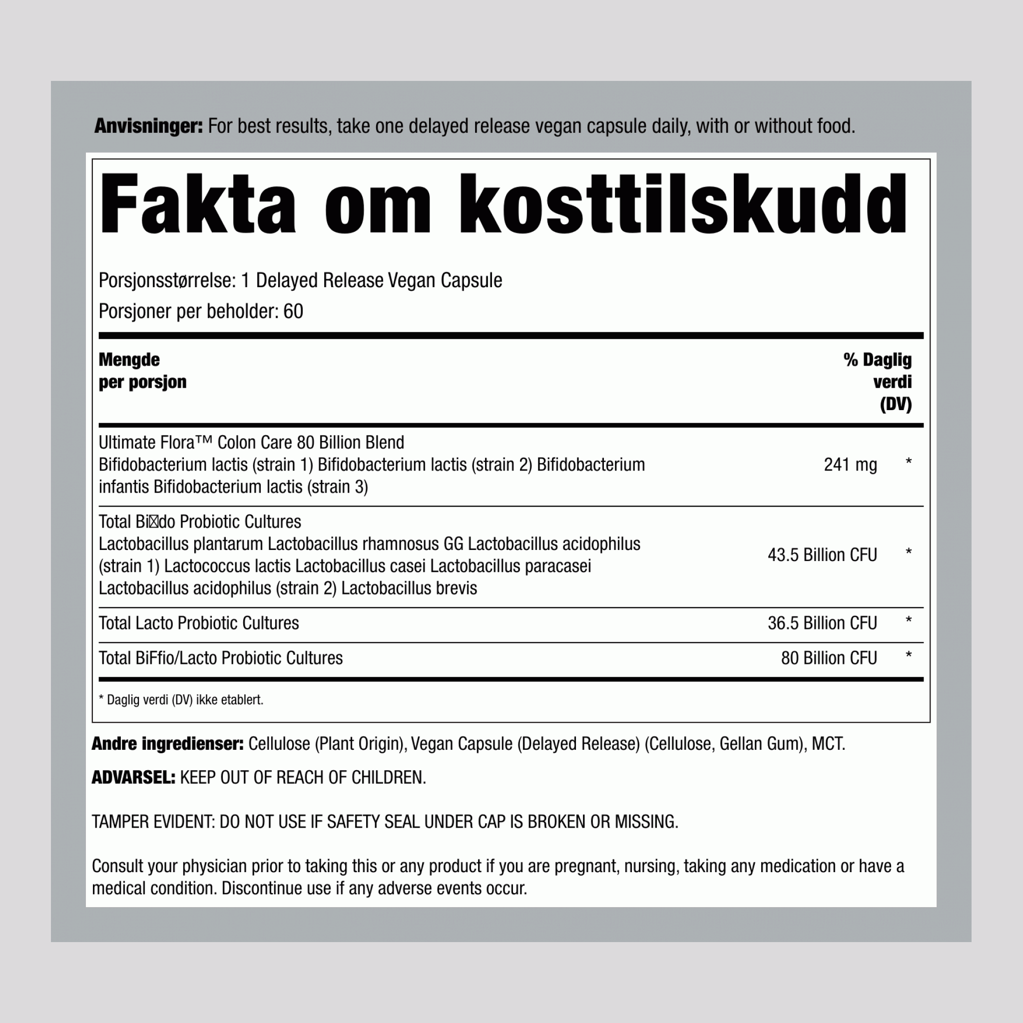 Ultimate Flora Colon Care Probiotic 80 Milliarder, 60 Forsinket Frigjøring Vegan Kapsler