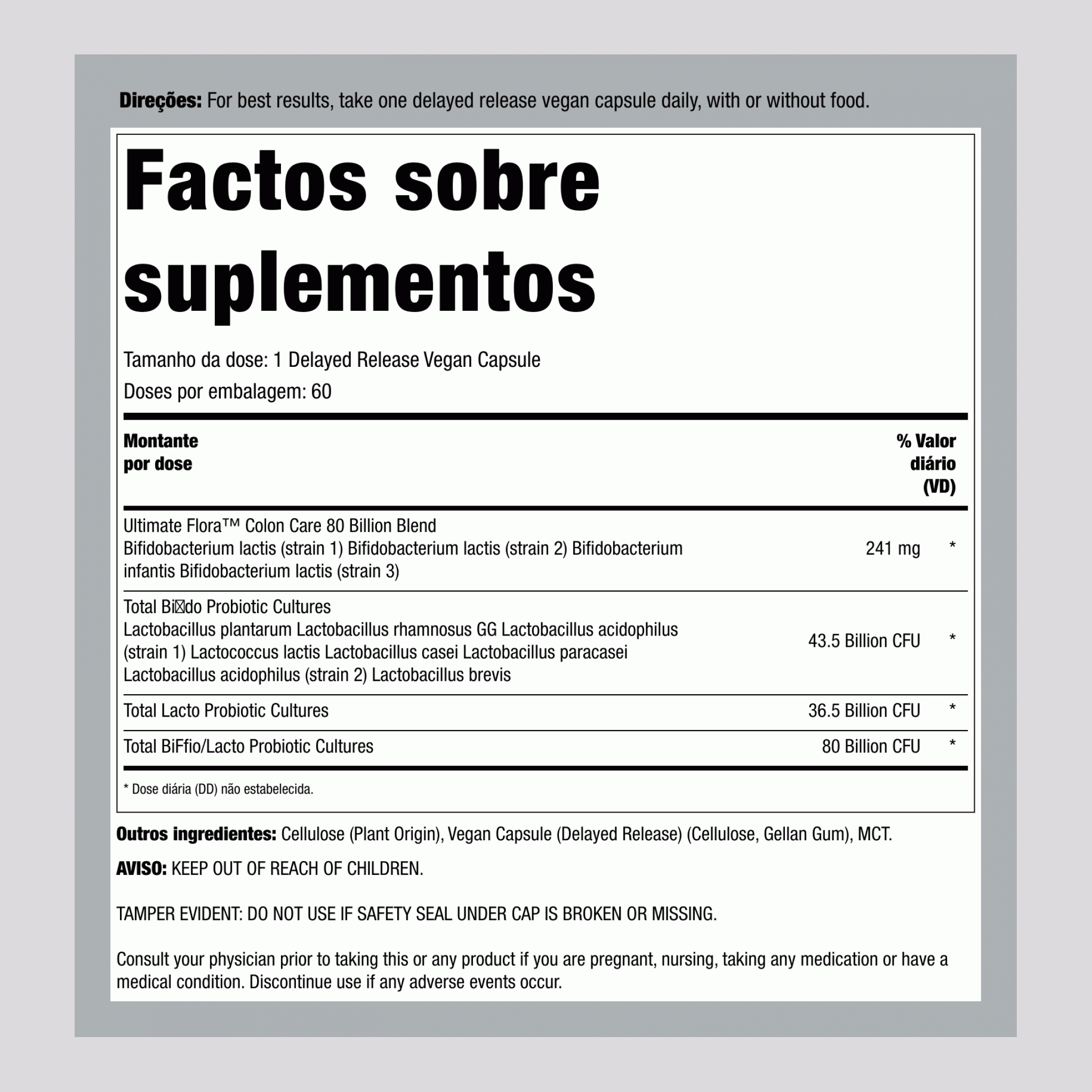 Ultimate Flora Cuidado do Cólon Probiótico 80 Bilhões, 60 Cápsulas Veganas de Liberação Retardada