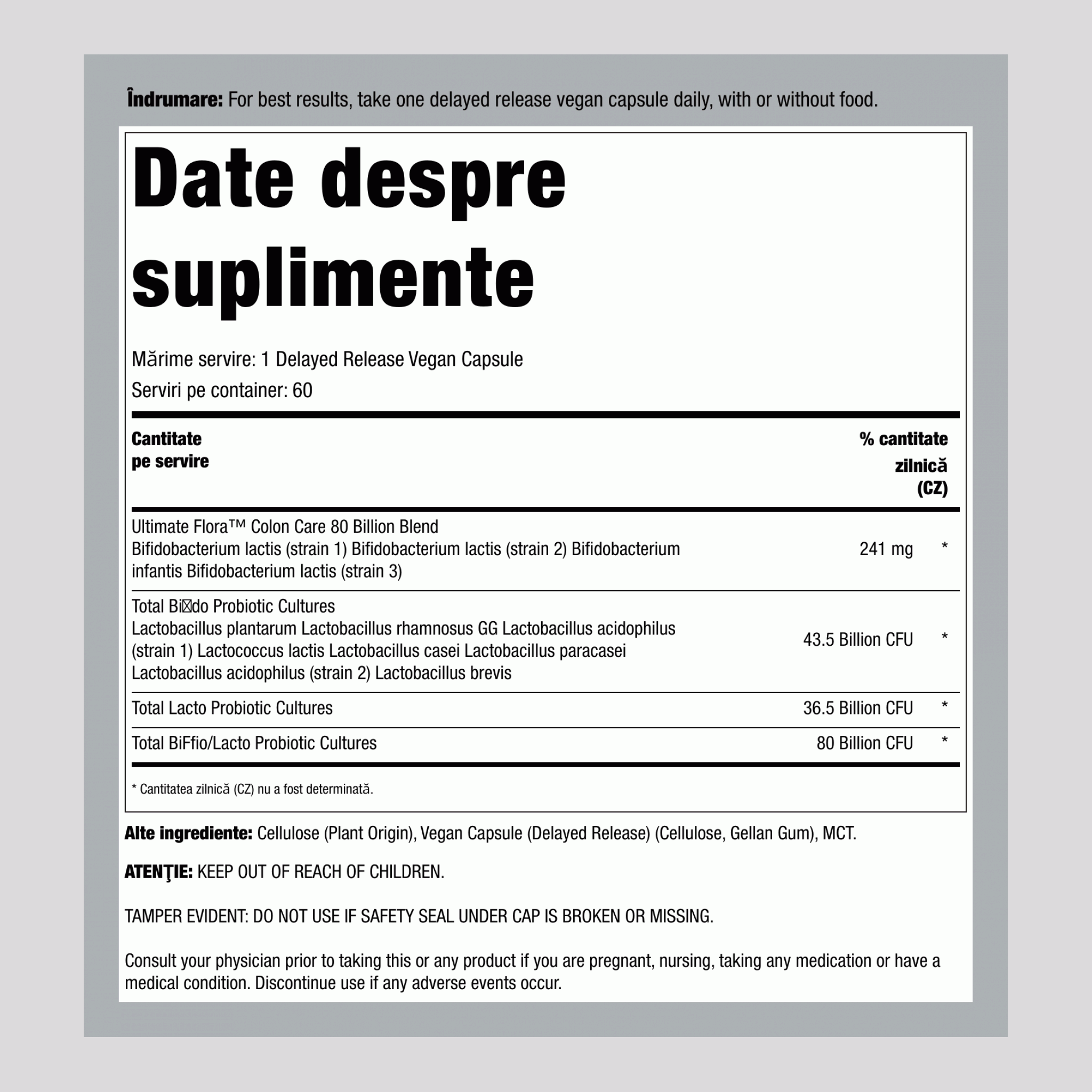 Ultimate Flora Colon Care Probiotic 80 de miliarde, 60 de capsule vegane cu eliberare întârziată