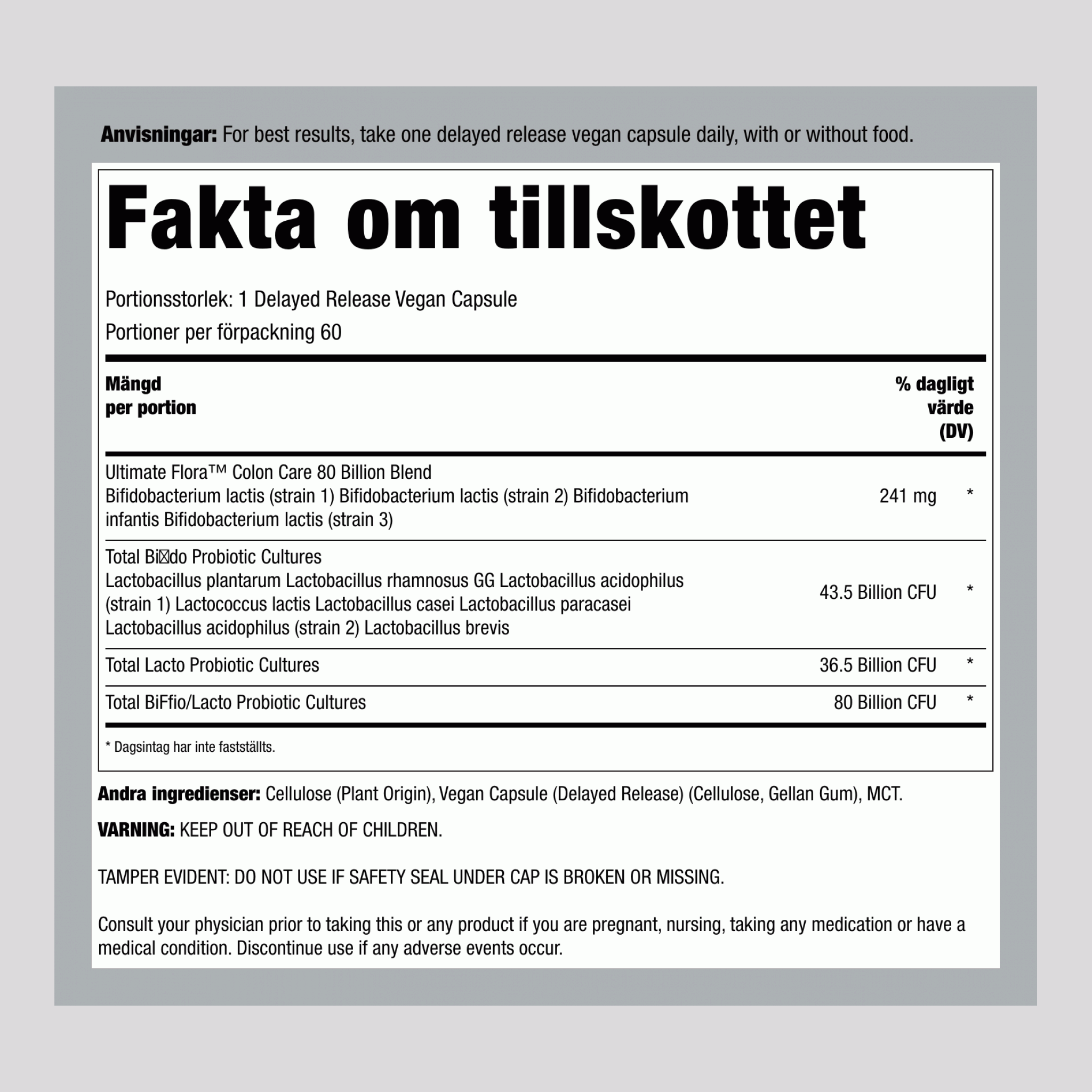 Ultimate Flora Colon Care Probiotic 80 miljarder, 60 fördröjda frisläppande veganska kapslar