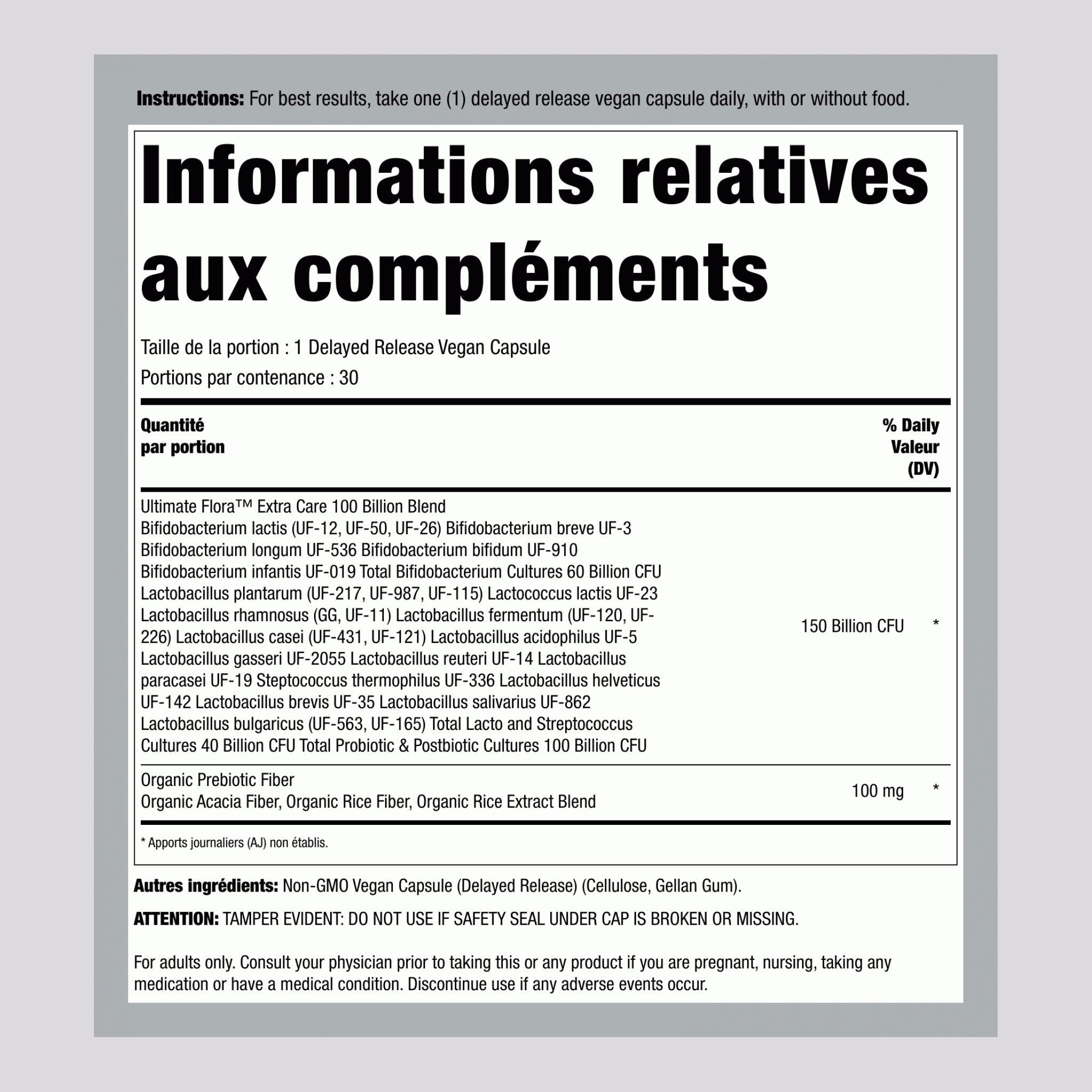 Ultimate Flora Extra Care Probiotic 100 Milliards, 30 Gélules Végétaliennes à Libération Retardée