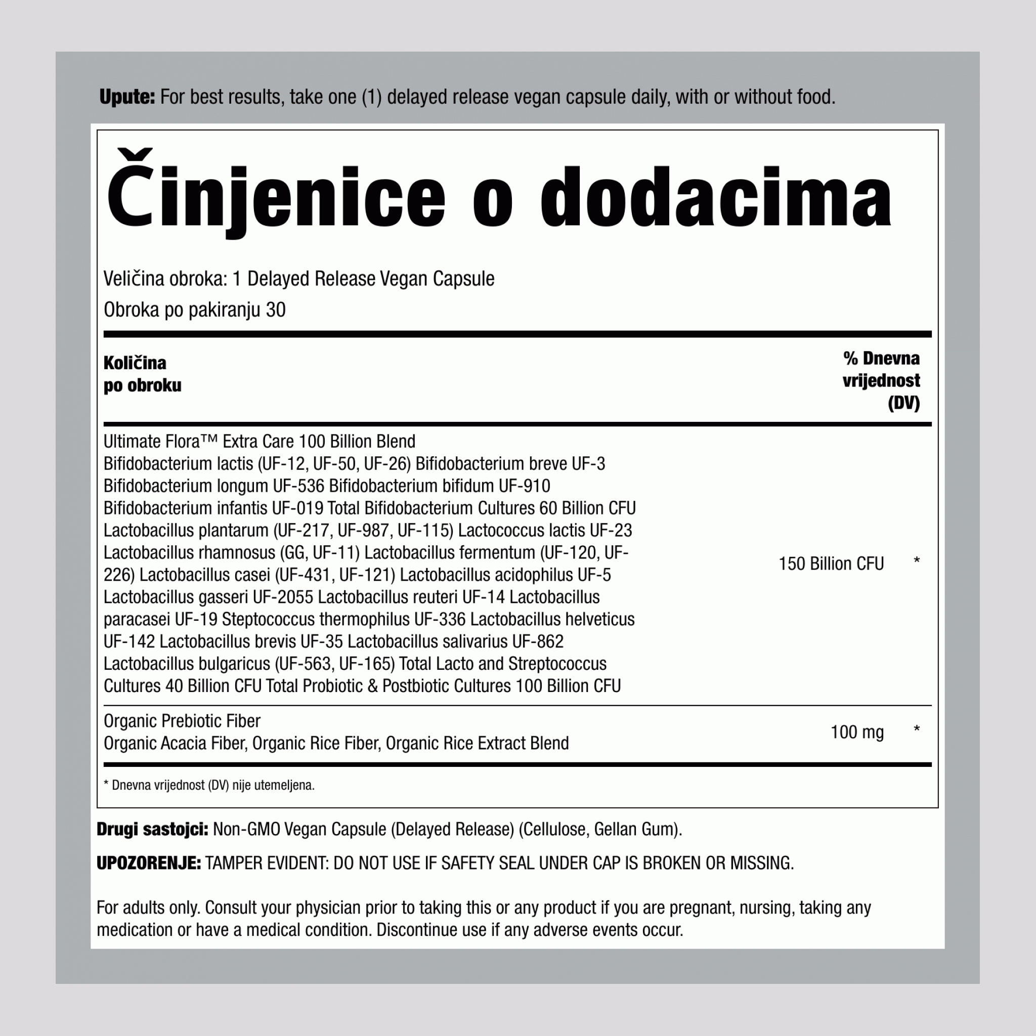 Ultimate Flora Extra Care Probiotic 100 milijardi, 30 kapsula s odgođenim otpuštanjem, veganske