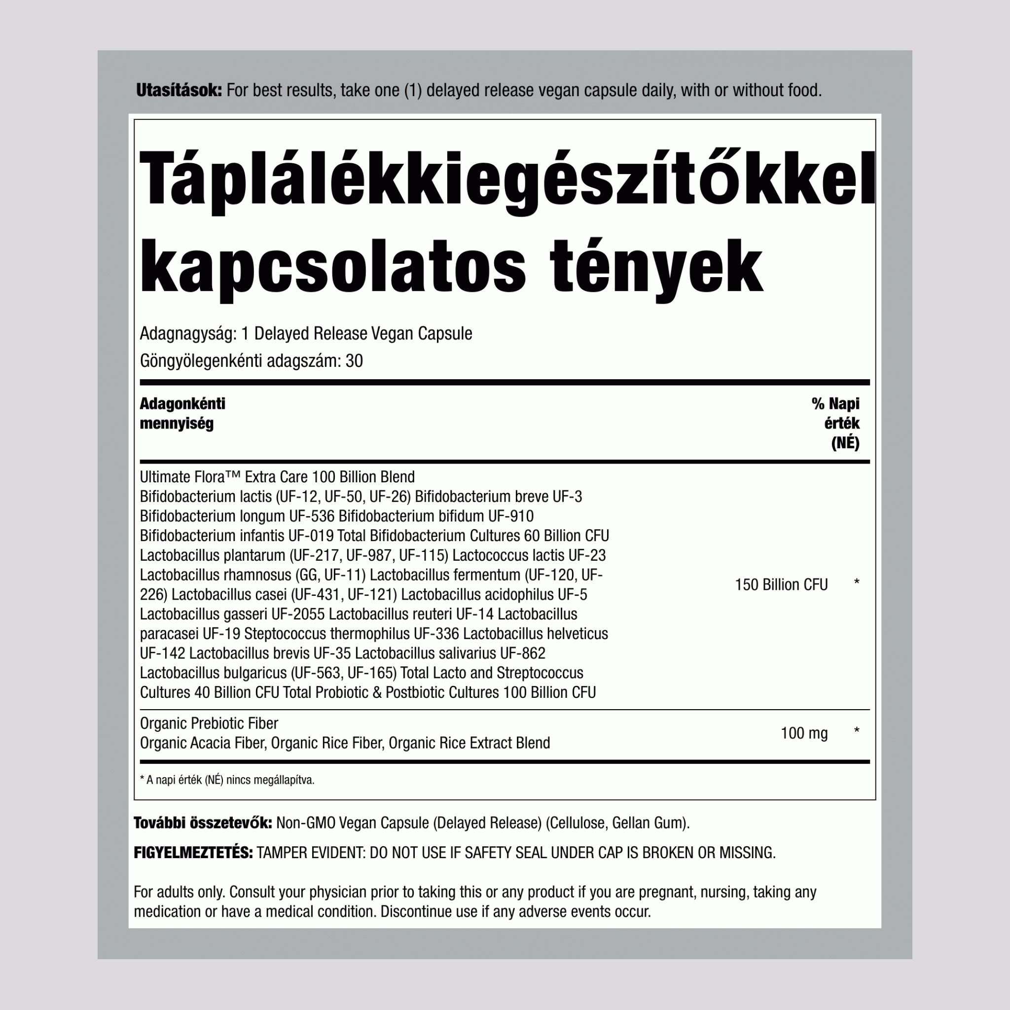 Ultimate Flora Extra Care Probiotic 100 Milliárd, 30 Késleltetett Kiadású Vegán Kapszula