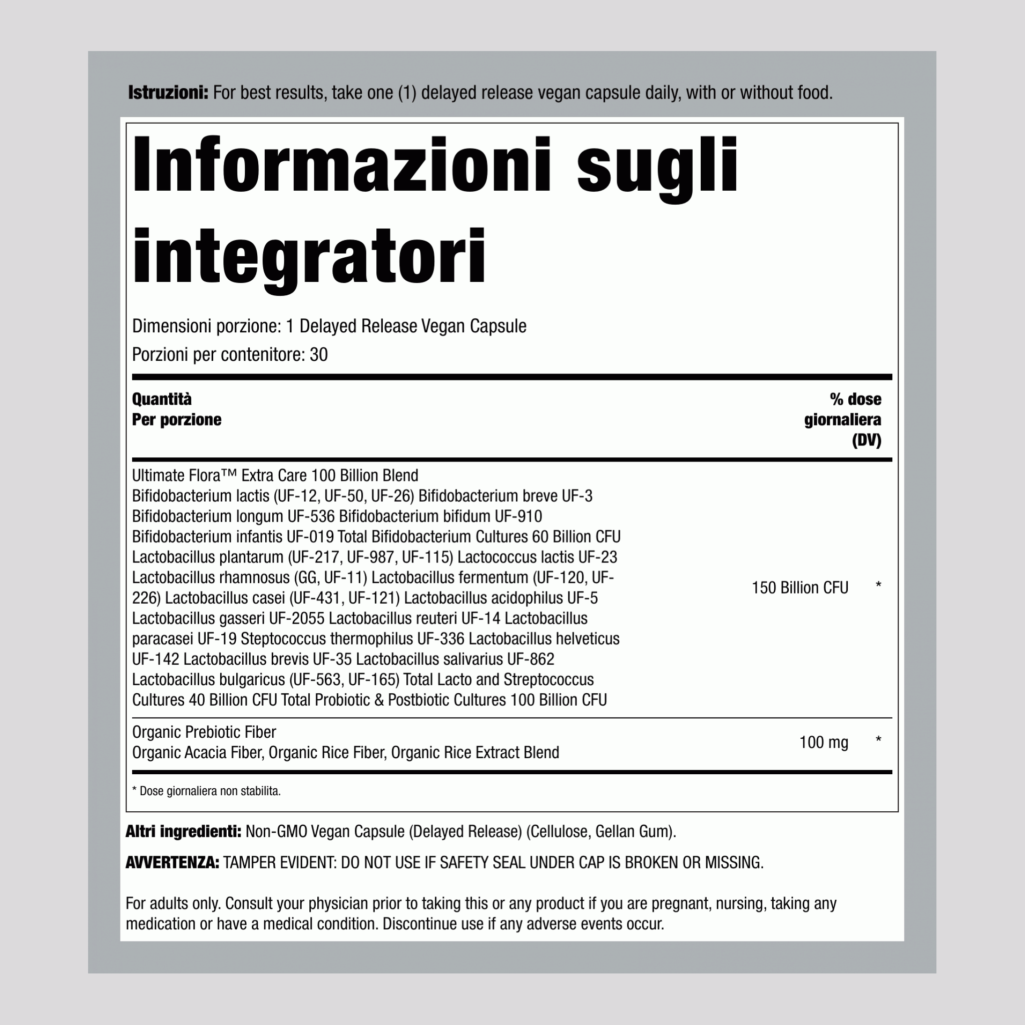 Ultimate Flora Extra Care Probiotico 100 Miliardi, 30 Capsule Vegane a Rilascio Ritardato