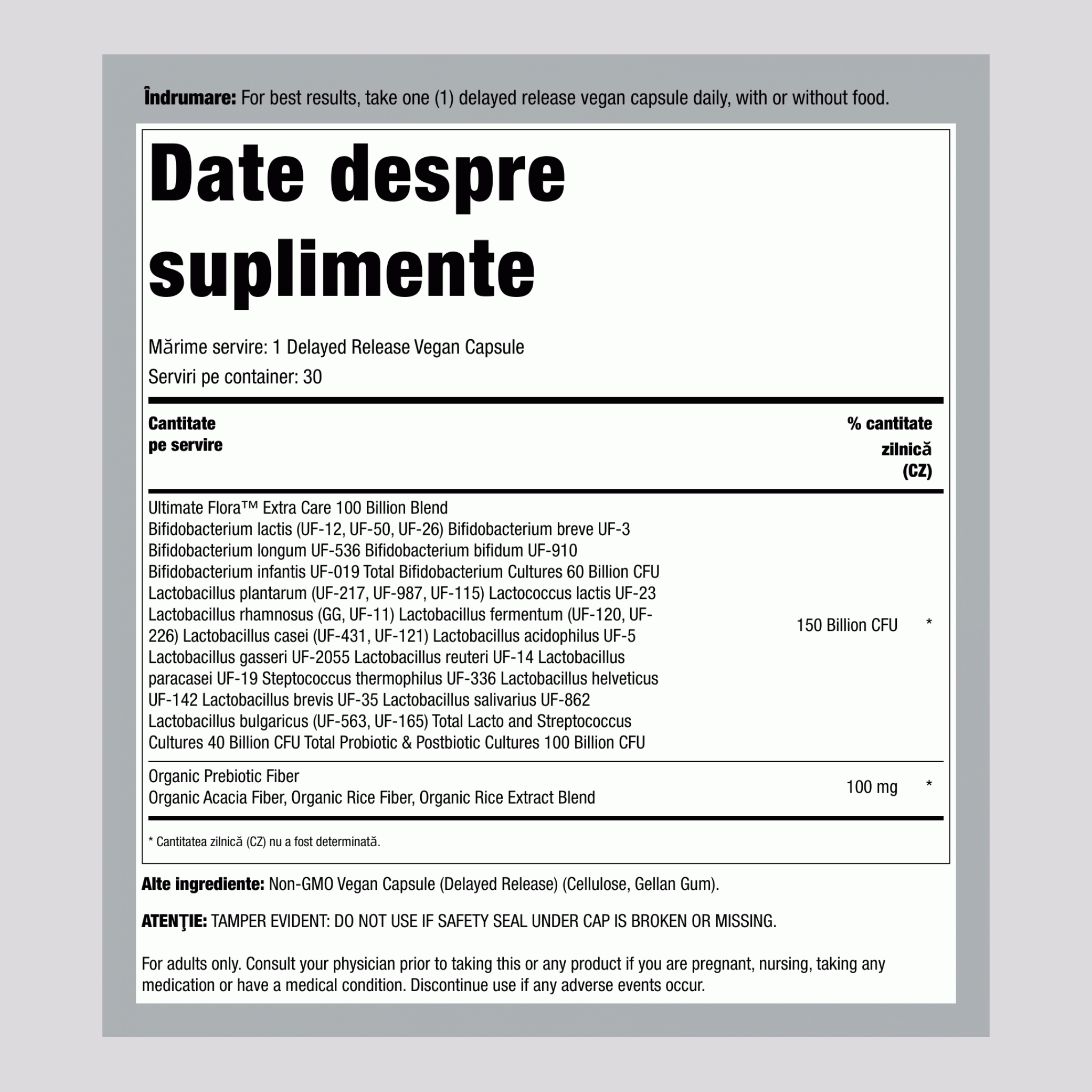 Ultimate Flora Extra Care Probiotic 100 Miliarde, 30 Capsule Vegane cu Eliberare Întârziată