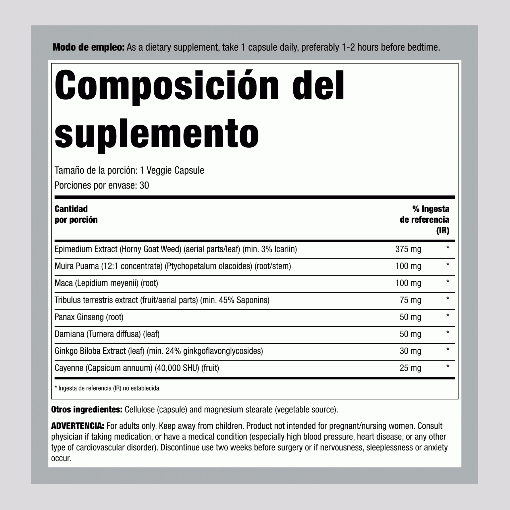 Fórmula de Virilidad Dynamic Man®, 30 Cápsulas Vegetarianas